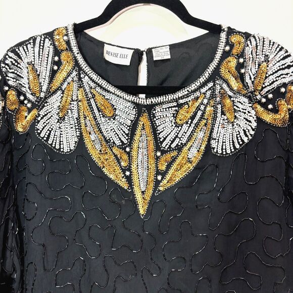 Vintage Denise Elle Beaded Sequin Top Womens 3X Gold Black Disco 80s Art Deco - Picture 3 of 13